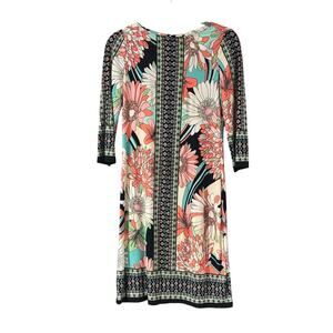 London Times Floral Floral Size 6 Colorful Retro 3/4 Sleeve Stretch Midi Dress